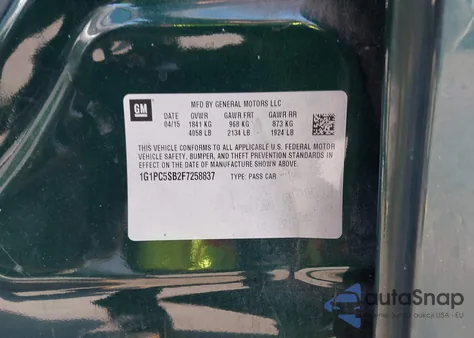 2015 Chevrolet Cruze 1Lt Auto from USA, damaged, VIN 1G1PC5SB2F7258837